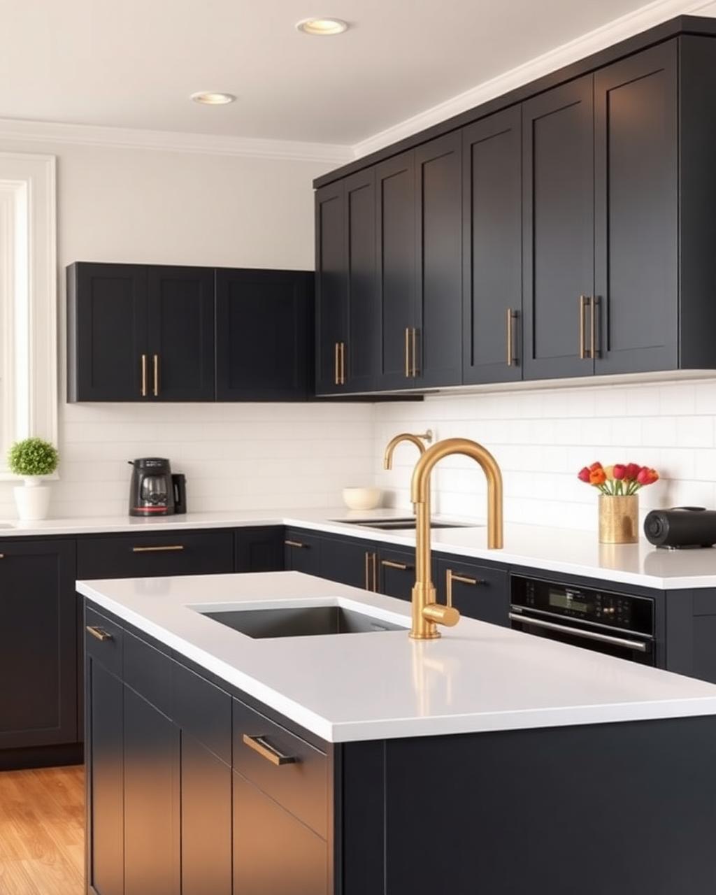 Cuisine moderne rénovée par EGBR : façades mates anthracite, plan de travail quartz blanc et robinetterie laiton