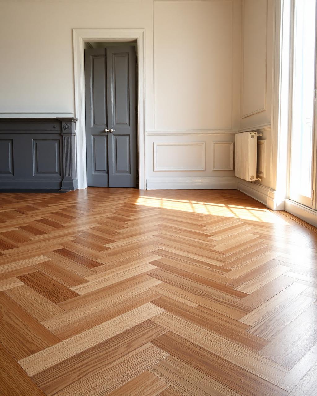 Parquet chêne massif posé en point de Hongrie dans un appartement haussmannien rénové par EGBR
