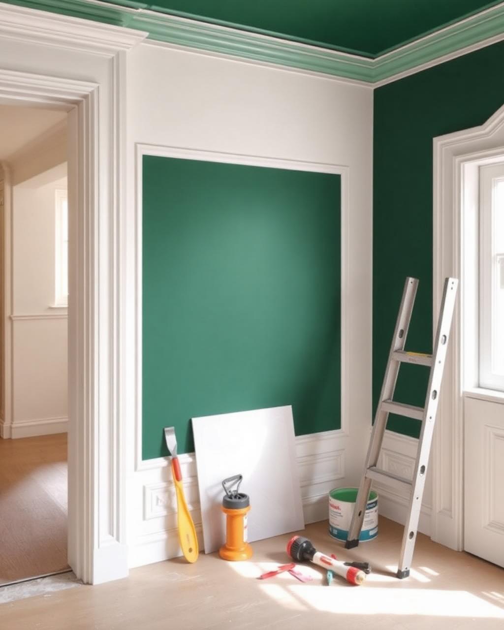 Peinture intérieure deux tons vert sapin et blanc avec moulures restaurées par EGBR